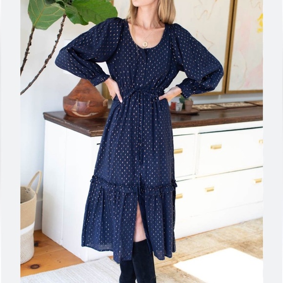 NWOT Med India Collection Emerson Fry woman’s dress Navy Gold cotton - Picture 1 of 5